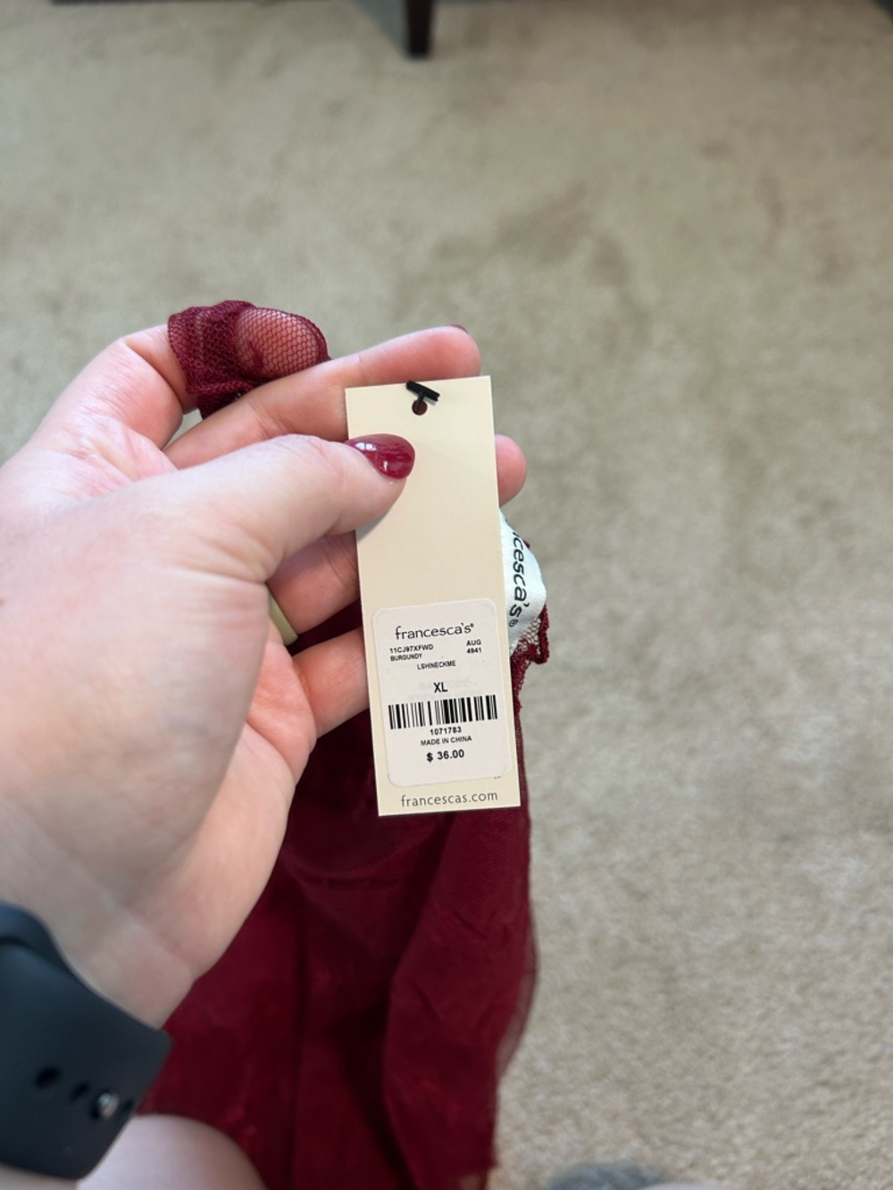 Francescas Collection Sheer Long-Sleeve Lace Top in Burgundy - Picture 5 of 5
